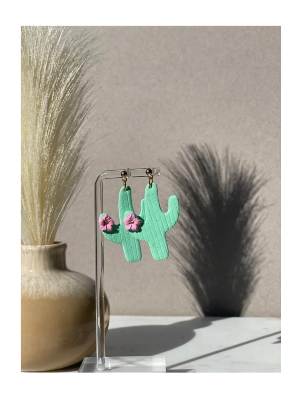 Handmade Penny Clay Co Mint Cactus Dangle Earrings with Pink Flower Detail